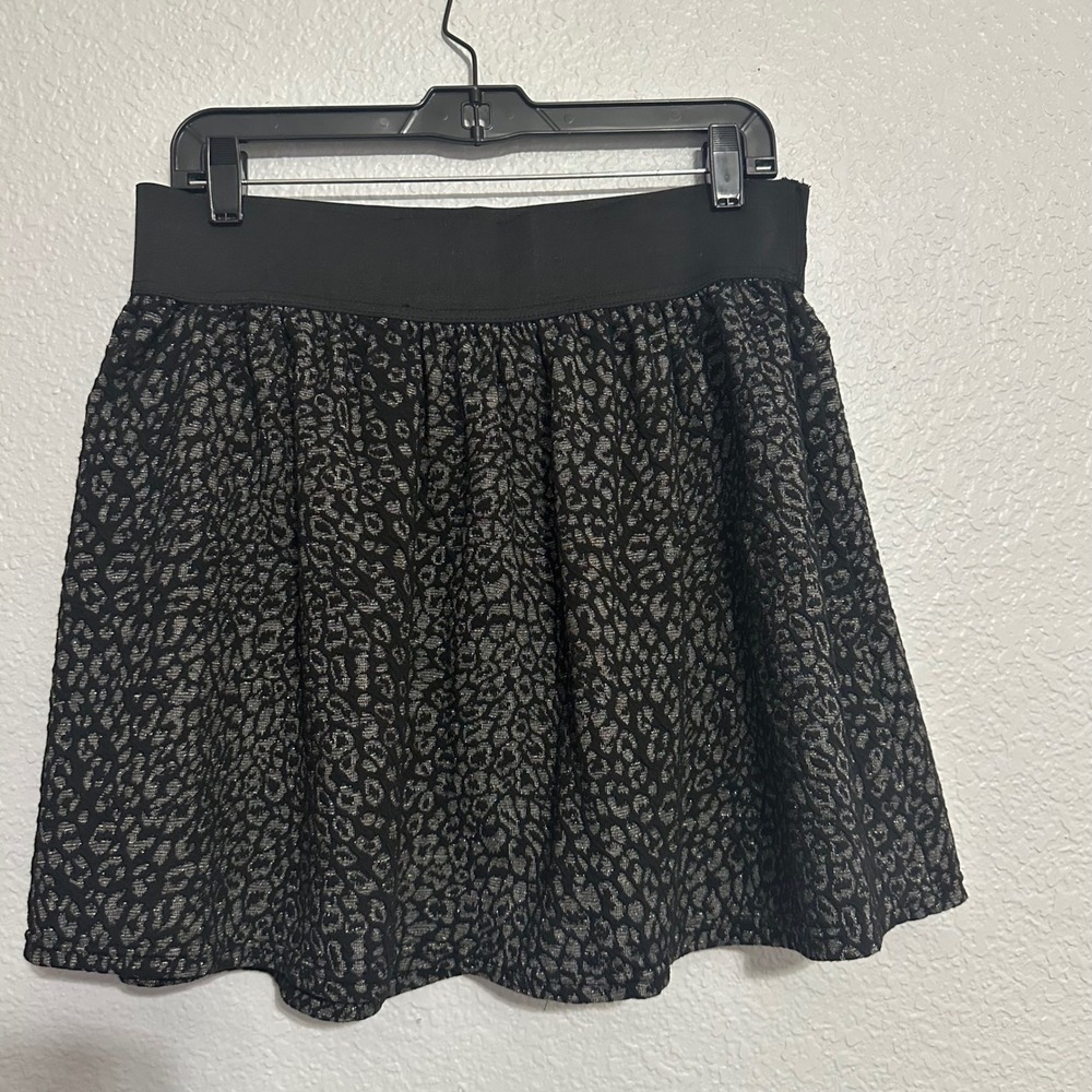 Stoosh Black Silver Metallic Leopard Print Mini Skirt Large Skater